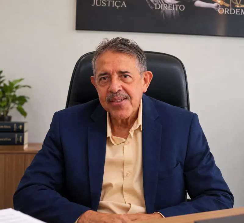 Dr. Eliezer Guilherme, de paletó azul-marinho e camisa clara, sentado à mesa do escritório, olhando para a câmera